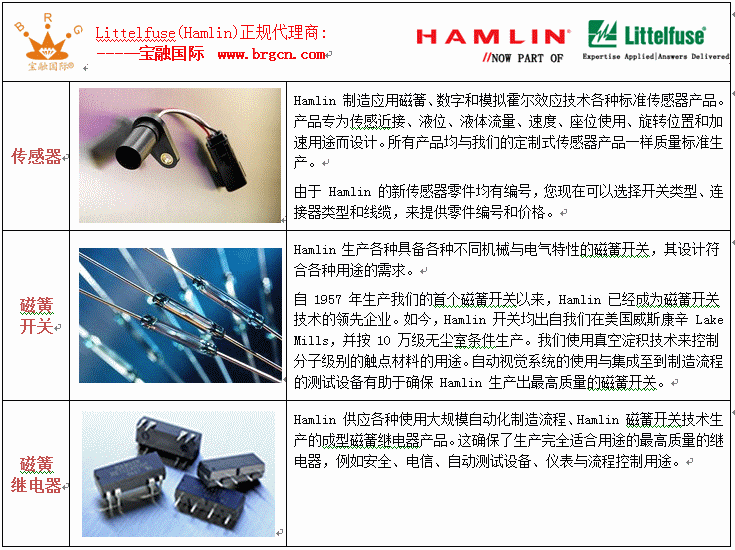 Hamlin(哈姆林)干簧管(磁簧管)正规代理商:宝融