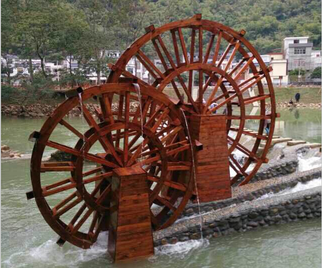 南宁户外防腐木水车制作 景观防腐木风水车